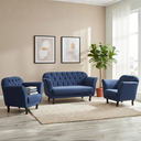 Ver imagem 2 de Kit Namoradeira + 2 Poltronas Decorativa Dália Suede Azul Marinho Pés Madeira Mz Decor