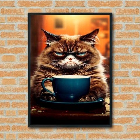Quadro Decorativo Gato Mal-humorado Café - 70x50cm:moldura Branca