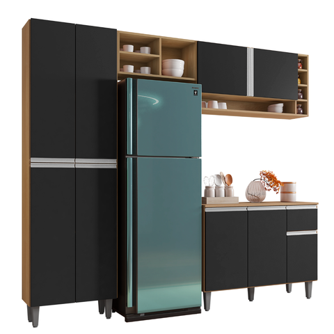 Kit de Cozinha Completo 230cm Vanessa 3 Peças Ajl Móveis:amêndoa Preto