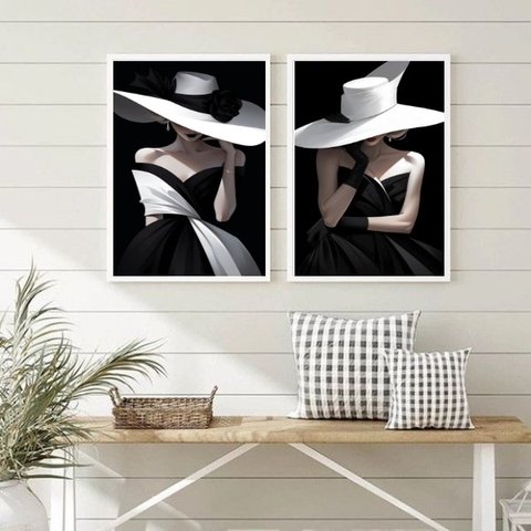 Kit 2 Quadros Decorativos Fashion Damas em Preto e Branco 24x18cm:madeira Branca