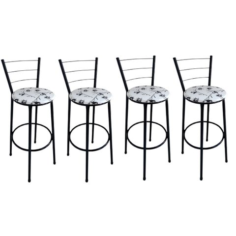 Kit 4 Banquetas Alta Preta com Encosto Assento Branco Floral Jaddi