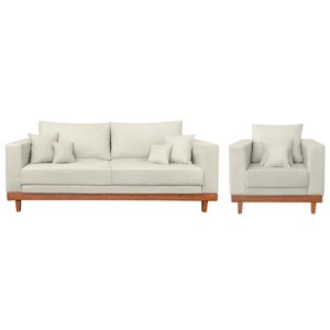 Kit Poltrona Living + Sofá 3 Lugares com Base Madeira Suede Cor:bege