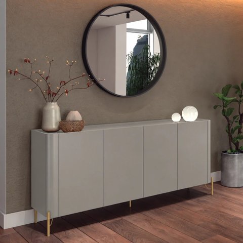 Buffet Bend 180 cm Porta Lisa Incolar Grigio com Pé Dourado