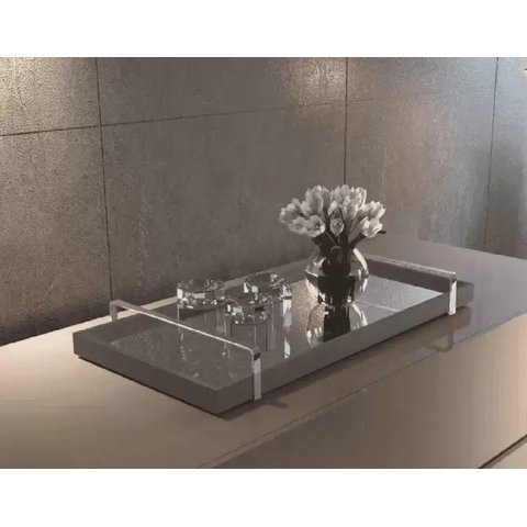 Bandeja Espelhada Decorativa Madeira com Alça e Espelhada:laca Concreto/preto
