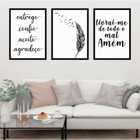 Kit 3 Quadros Entrego, Confio, Aceito-Pena 24x18cm - com vidro:Madeira preta