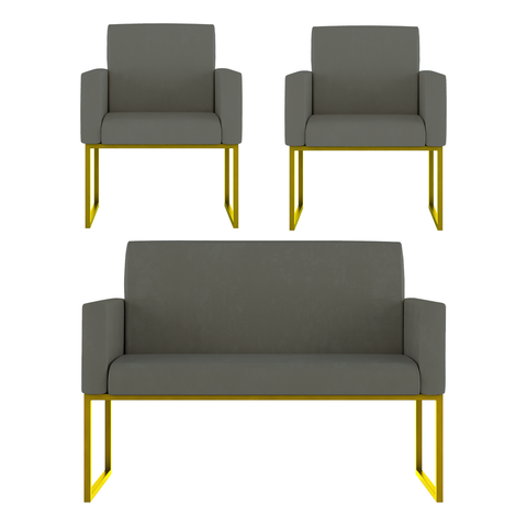 Kit Sofá 2 Lugares + 2 Poltronas Recepção Sala Base Dourada Cor:cinza