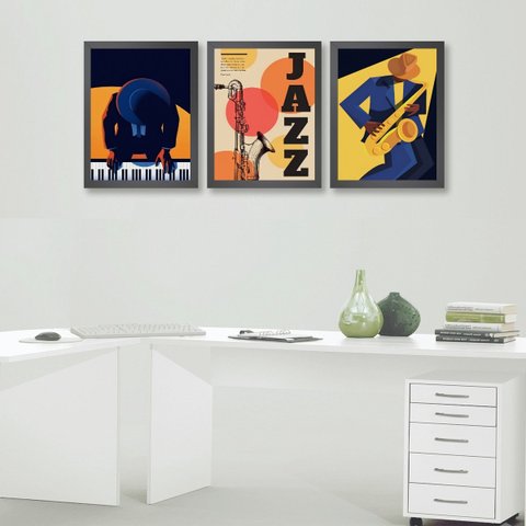 Kit 3 Quadros Decorativos Músicos- Jazz 45x34cm - com Vidro:madeira Branca