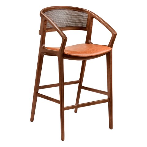 Banqueta Madeira Maciça com Braço Cyndi 53cm | Courino Caramelo - Sallar Home