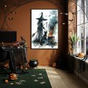 Ver imagem 1 de Quadro Decorativo Desenho Bruxa e Gato Preto- 70x50cm:moldura Branca