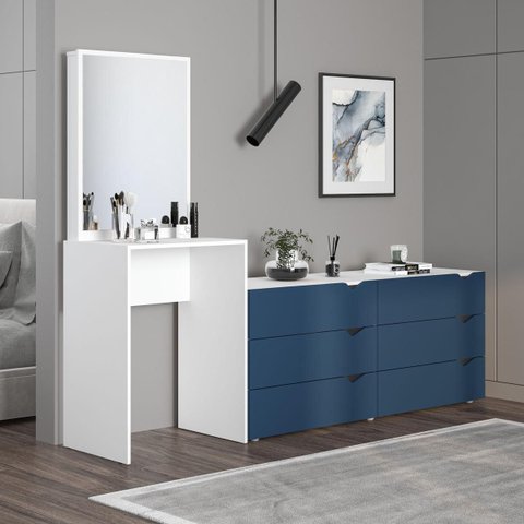 Cômoda Penteadeira Porto 6 Gavetas com Espelho 209x160cm Azul/Branco 240890