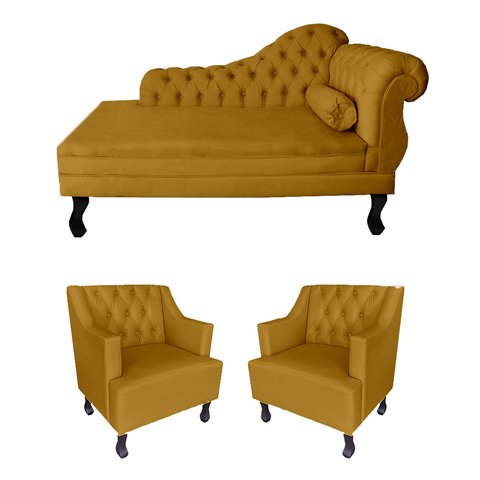 Sofá Divã + 2 Poltronas Capitonê para Consultório e Clínica Psicanálise - Veludo - Sv Decor:mostarda