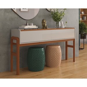 Aparador Lion Suporte para Decoração C/ 2 Gavetas Porta Itens Off White/ Freijó