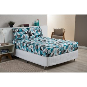 Jogo de Cama Queen 3 Pç Lençol + Fronhas Yasmin Percal Estampa Geométrico Turquesa
