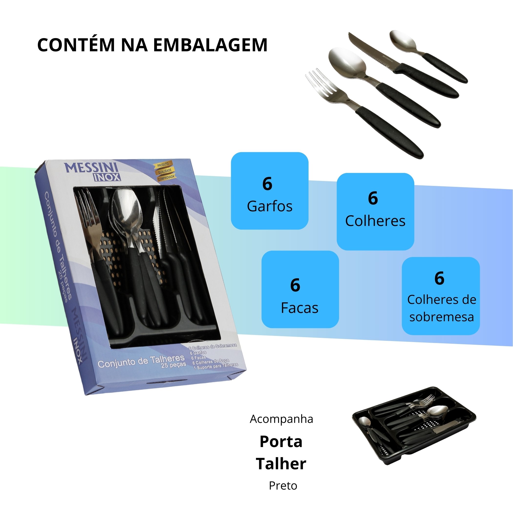 Kit Panela 16 Cm Preto Antiaderente Tampa de Vidro e Fervedor 14 Cm Preto + Cj Talher 25 Pcs - 5