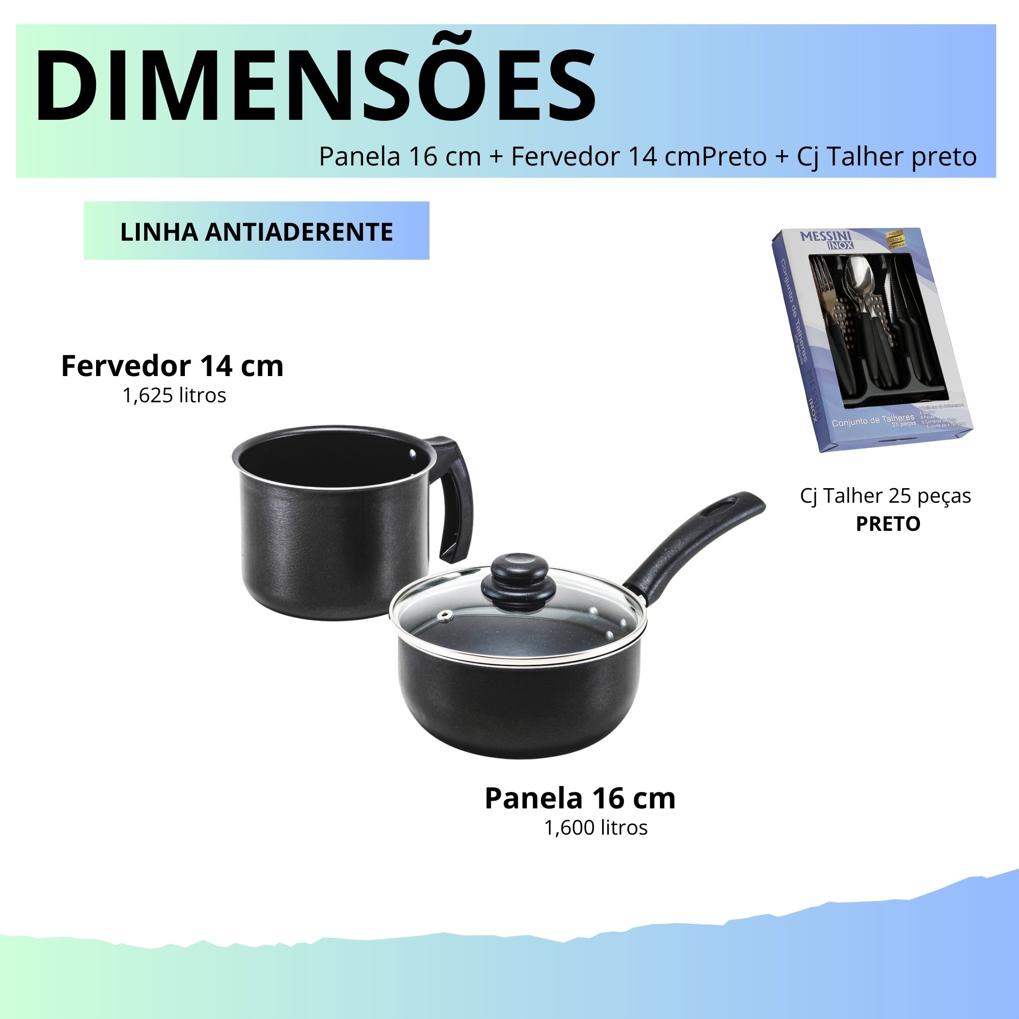 Kit Panela 16 Cm Preto Antiaderente Tampa de Vidro e Fervedor 14 Cm Preto + Cj Talher 25 Pcs - 4