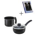 Ver imagem 1 de Kit Panela 16 Cm Preto Antiaderente Tampa de Vidro e Fervedor 14 Cm Preto + Cj Talher 25 Pcs