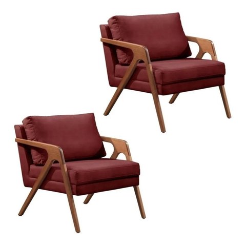 Kit 2 Poltronas Decorativa Mona Madeira Maciça-veludo Bordo