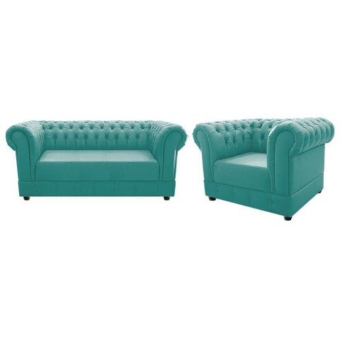 Conjunto Sofá Namoradeira e Poltrona Capitonê Chesterfield Suede Azul Tiffany Recepção Sala de Estar