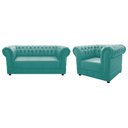 Ver imagem 1 de Conjunto Sofá Namoradeira e Poltrona Capitonê Chesterfield Suede Azul Tiffany Recepção Sala de Estar