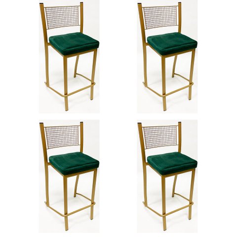 Conjunto 4 peças Banqueta Empilhável Alta para Bar cor Dourado Fosco assento veludo verde