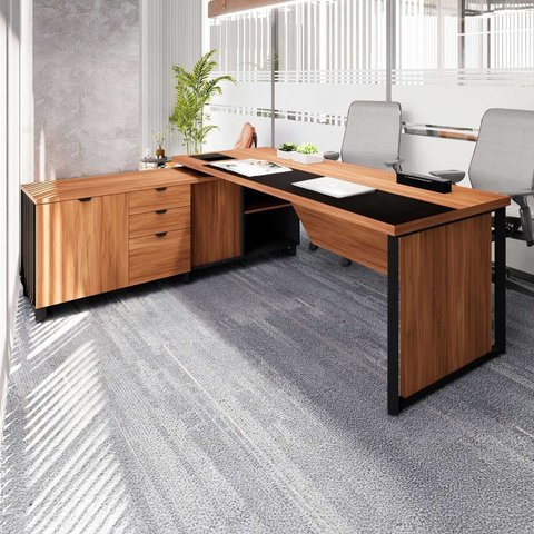 Mesa de Escritório Executiva com Armário Lateral e Caixa de Tomadas 3 Gavetas 200cm Corporate Nogal