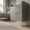 Ver imagem 3 de Mesa de Cabeceira Moriah 45cm Cinza com 2 Gavetas MDF Industrial Pés e Puxadores em Ferro Dourado