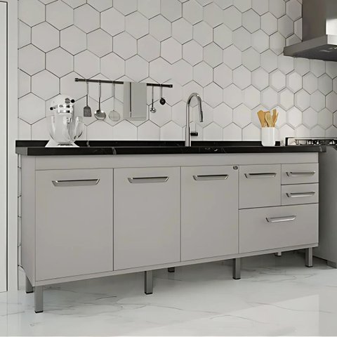 Gabinete de Cozinha Grande Balcão Branco 4 Portas 100% MDF:Cinza Cobalto