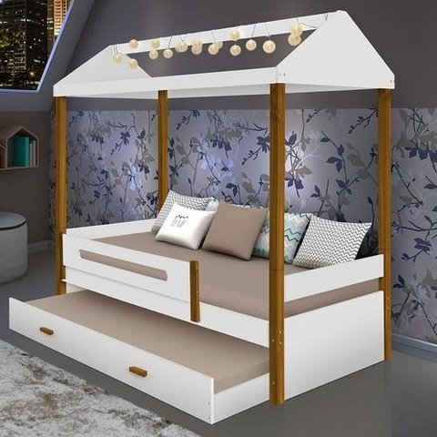 CAMA SOLTEIRO SARA BRANCA MEL COM CAMA AUXILIAR E LED