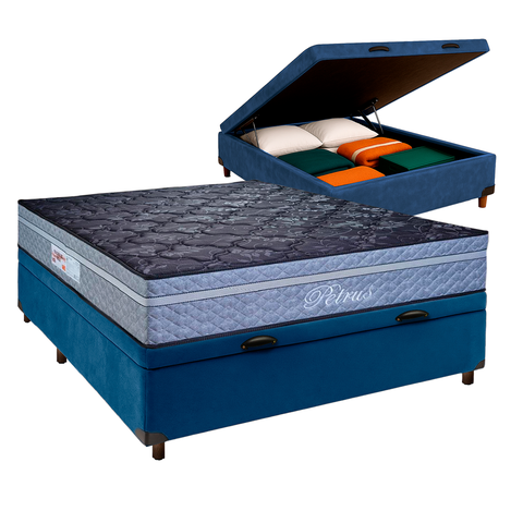 Cama + Bau Azul e Colchão Molas Ensacadas Casal - Petrus Paropas
