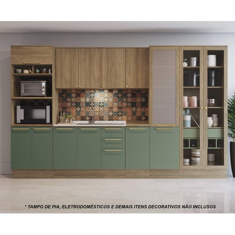 Armário de Cozinha Modulada Completa Reta 8 Peças 3,60m Botanic Kappesberg - Nogueira/verde Oliva