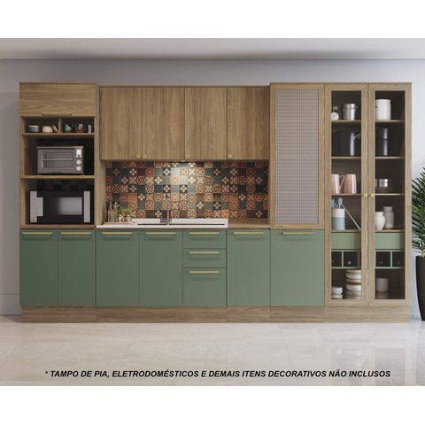 Armário de Cozinha Modulada Completa Reta 8 Peças 3,60m Botanic Kappesberg - Nogueira/Verde Oliva