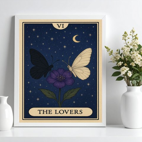 Quadro Carta Tarot The Lovers - Borboletas 45x34cm:moldura Branca