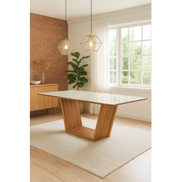 Mesa de Jantar Tampo 1,60x90 Mdf/vidro para 6 Lugares Pés Madeira Maciça Mel/offwhite - 1
