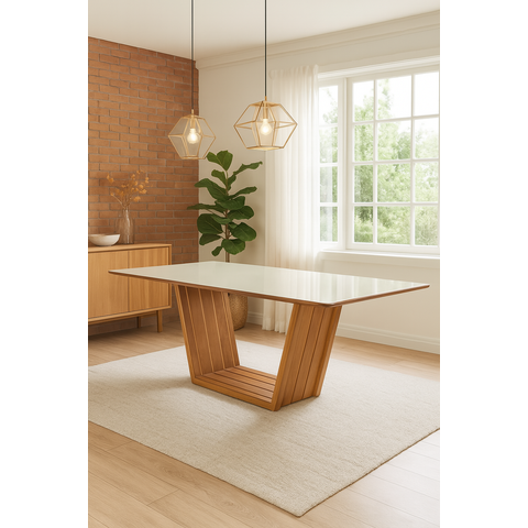 Mesa de Jantar Tampo 1,60x90 Mdf/vidro para 6 Lugares Pés Madeira Maciça Mel/offwhite