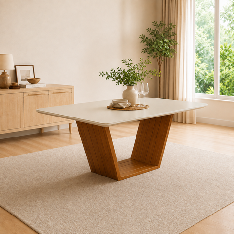 Mesa de Jantar Tampo 1,60x90 MDF/Vidro para 6 Lugares Pés Madeira Maciça Mel/Offwhite