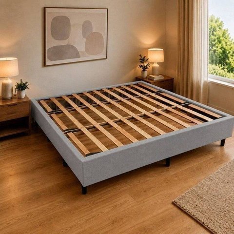 Cama Box King Size 193x203cm, 100% Madeira, Tecido Blindado com Veludo Cinza Claro