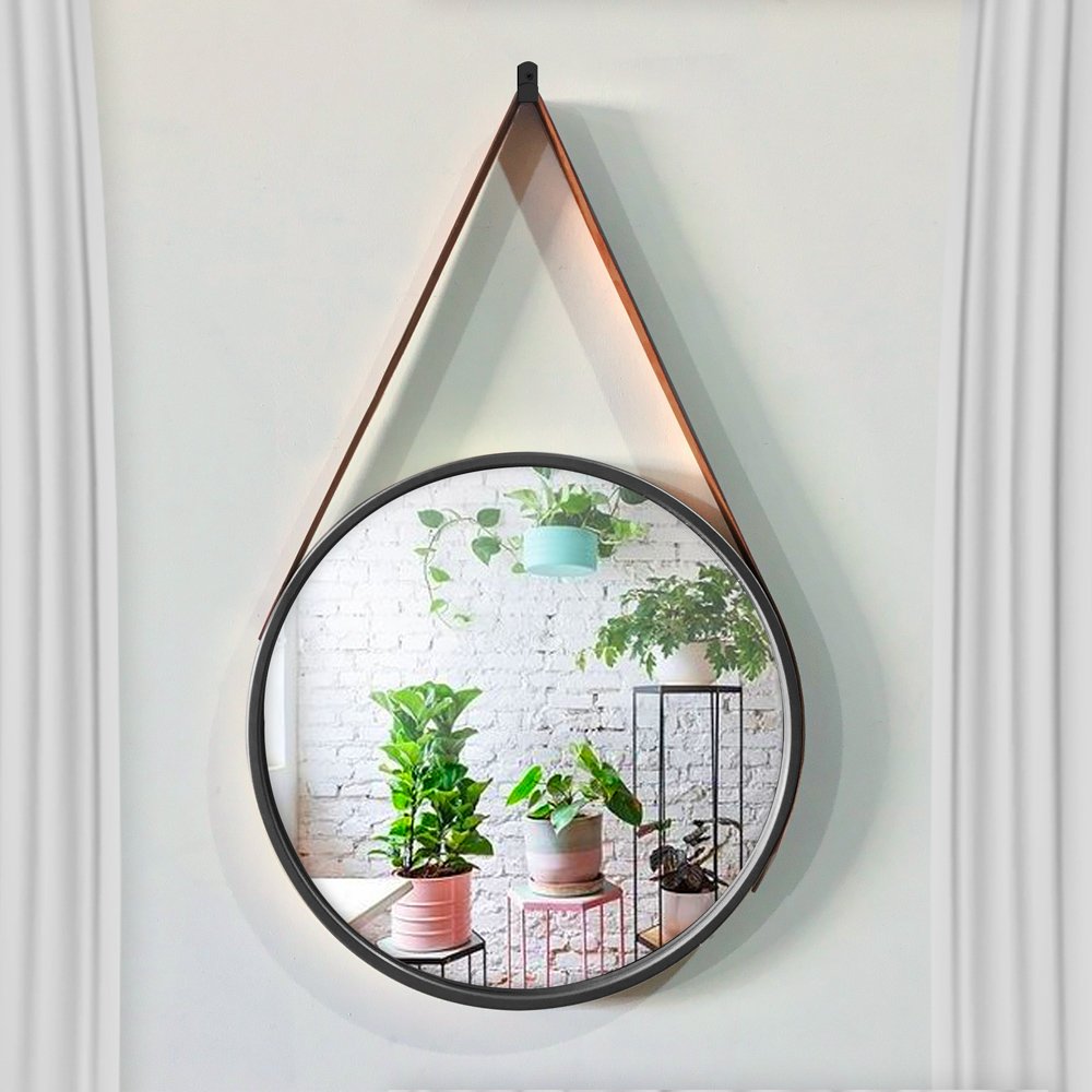 Espelho Decorativo Adnet Redondo Preto 60 cm com Alça Marrom - D'Rossi