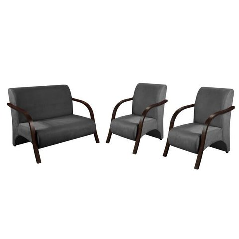 Kit 3 Poltronas Decorativa Sevilha Braço Madeira Confortável Sala Suede Grafite