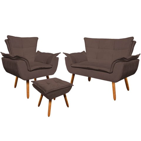 Conjunto Poltrona Puff e Namoradeira Pés Palito Charger Suede Marrom - Gran Belo
