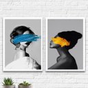 Ver imagem 2 de Kit 2 Quadros Mulheres Com Tinta Azul E Amarelo 24x18cm - com vidro:Madeira preta