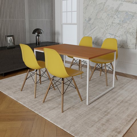Mesa Industrial Base Ferro Branco 137x90 Tampo Canela 4 Cadeiras Eiffel Madeira Assento Amarelo