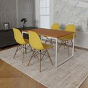 Ver imagem 1 de Mesa Industrial Base Ferro Branco 137x90 Tampo Canela 4 Cadeiras Eiffel Madeira Assento Amarelo