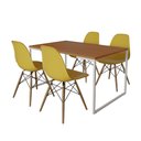 Ver imagem 2 de Mesa Industrial Base Ferro Branco 137x90 Tampo Canela 4 Cadeiras Eiffel Madeira Assento Amarelo