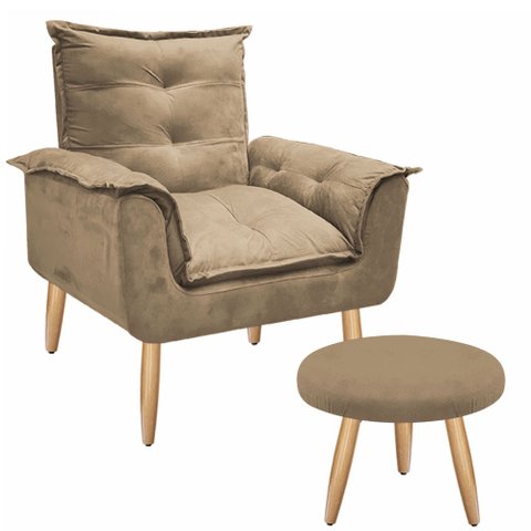 Kit Poltrona Opala Júlia Cadeira Decorativa + Puff Redondo Pés Palito Mercado Dos Móveis:capuccino