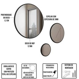 Kit 3 Espelhos Redondos Decorativos para Sala Quarto Estilo Escandinavo Caribe Preto - Lyam Decor - 3