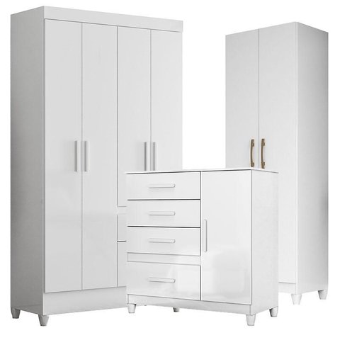 Guarda Roupa Infantil Madri com Cômoda Vênus com Pés e Armário Multiuso New Íris Branco Brilho