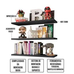 Kit 3 Prateleiras com Suporte para Quarto Sala Escritório Pratik B01 Preto Fosco 90cm - Lyam Decor - 3