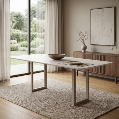 Mesa de Jantar 8 Lugares Tampo de Vidro e MDF 200x90cm Itália Branco Dourado/Off White