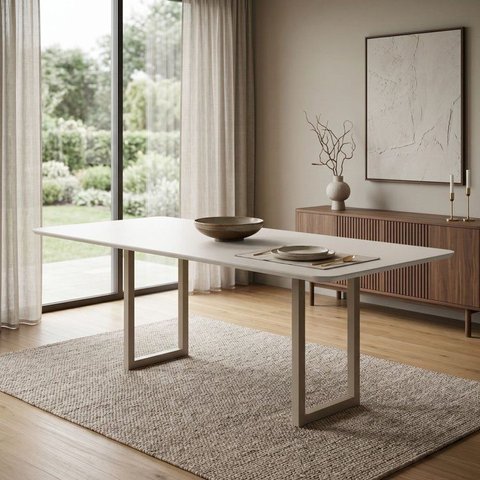 Mesa de Jantar 8 Lugares Tampo de Vidro e MDF 200x90cm Itália Branco Dourado/Off White