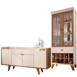 Kit para Sala de Jantar Aparador 4 Portas Havana com Cristaleira Luma Off White Nature - Lyam Decor